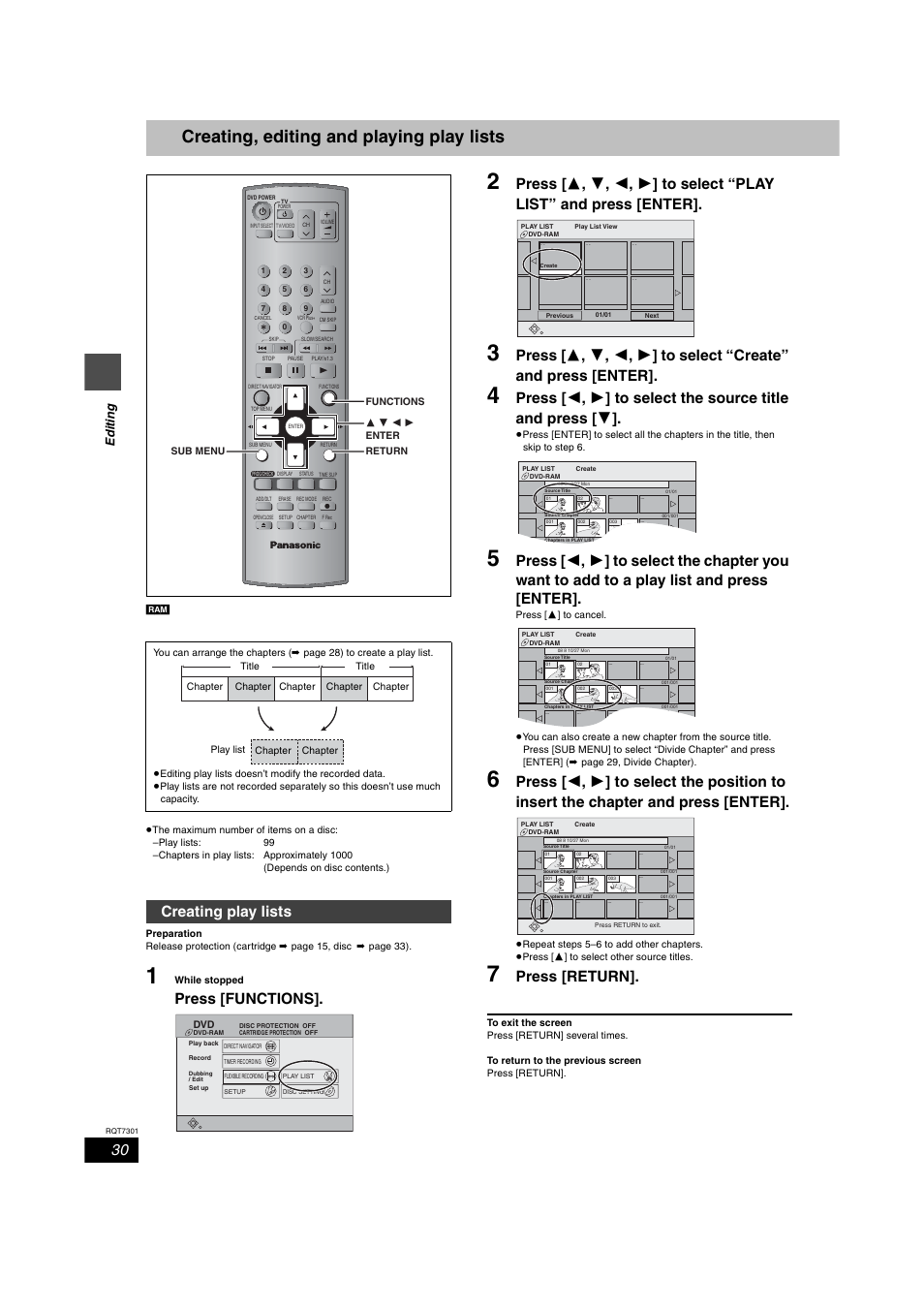 Creating / editing / playing play lists, Creating play lists, Creating, editing and playing play lists | Press [functions, Press [return, Editing | Panasonic DMR-E55 User Manual | Page 30 / 61