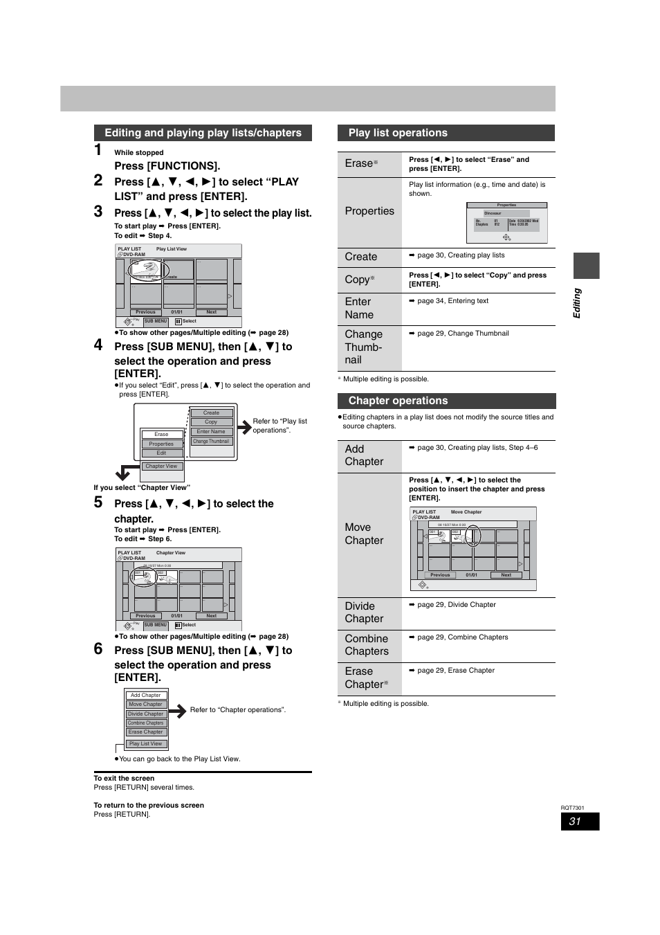 Editing & playing play lists / chapters, Play list operations, Chapter operations | Press [functions, Press [  ,  ,  ,  ] to select the play list, Press [  ,  ,  ,  ] to select the chapter, Editing and playing play lists/chapters, Play list operations erase, Properties, Create | Panasonic DMR-E55 User Manual | Page 31 / 61