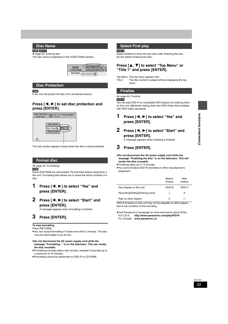 Finalize, Disc name, Disc protection | Format disc, Select first play | Panasonic DMR-E55 User Manual | Page 33 / 61