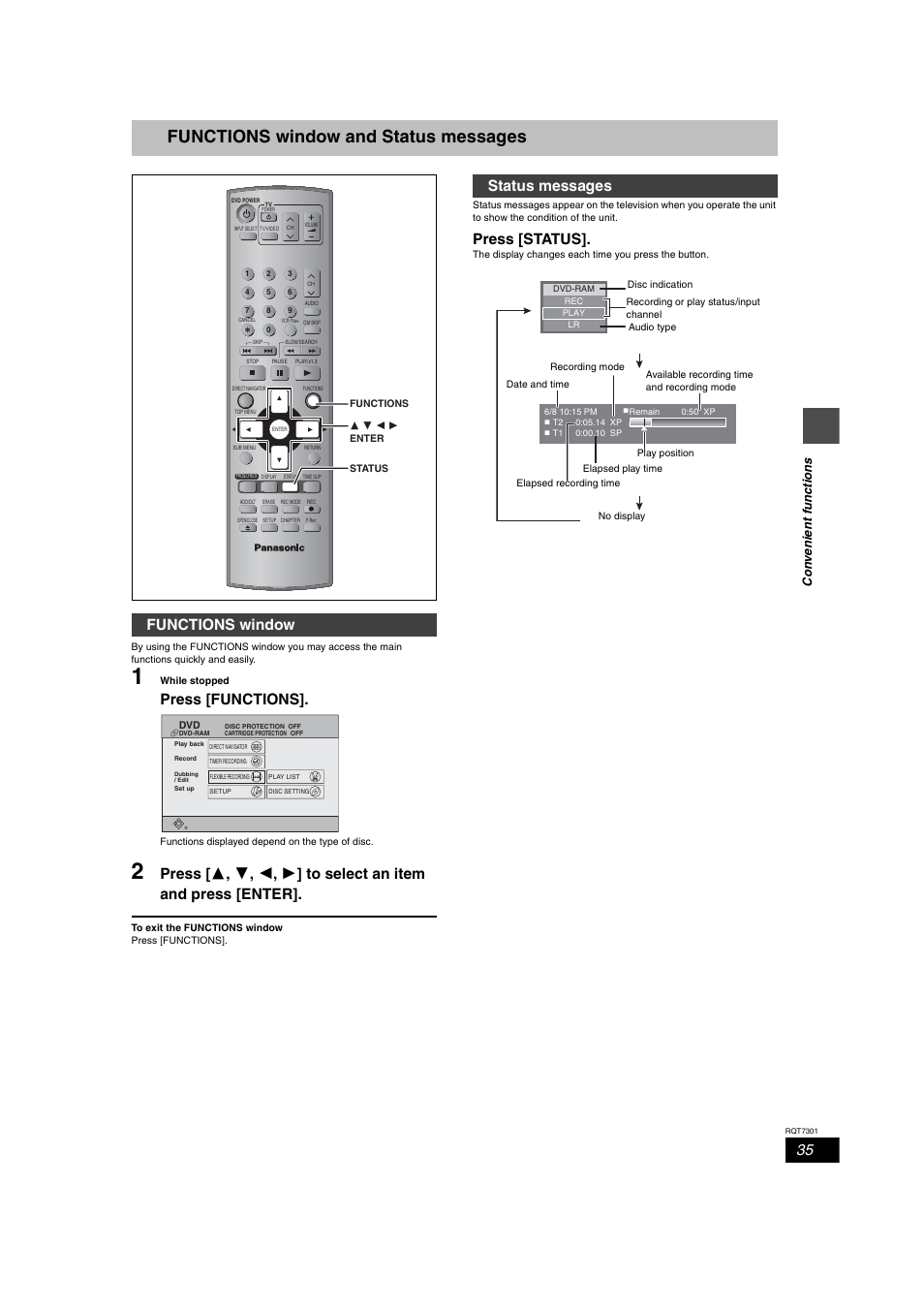 Functions window & status messages, Functions window and status messages, Press [functions | Press [status, Functions window, Status messages, Con ve n ient f unctions | Panasonic DMR-E55 User Manual | Page 35 / 61