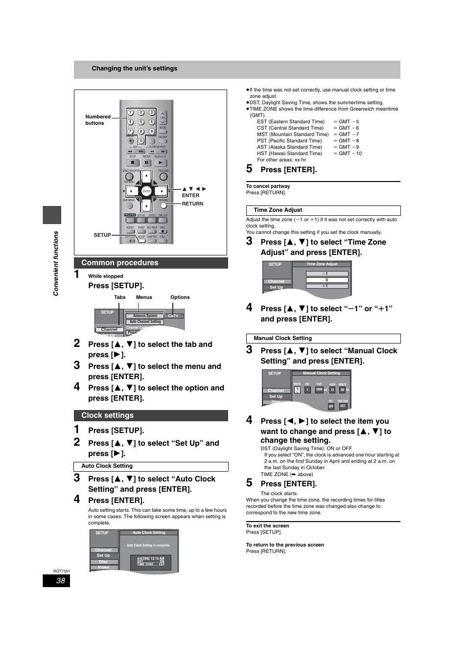 Using menu, Clock settings, Press [setup | Press [  ,  ] to select the tab and press, Press [  ,  ] to select “set up” and press, Press [enter, Common procedures | Panasonic DMR-E55 User Manual | Page 38 / 61