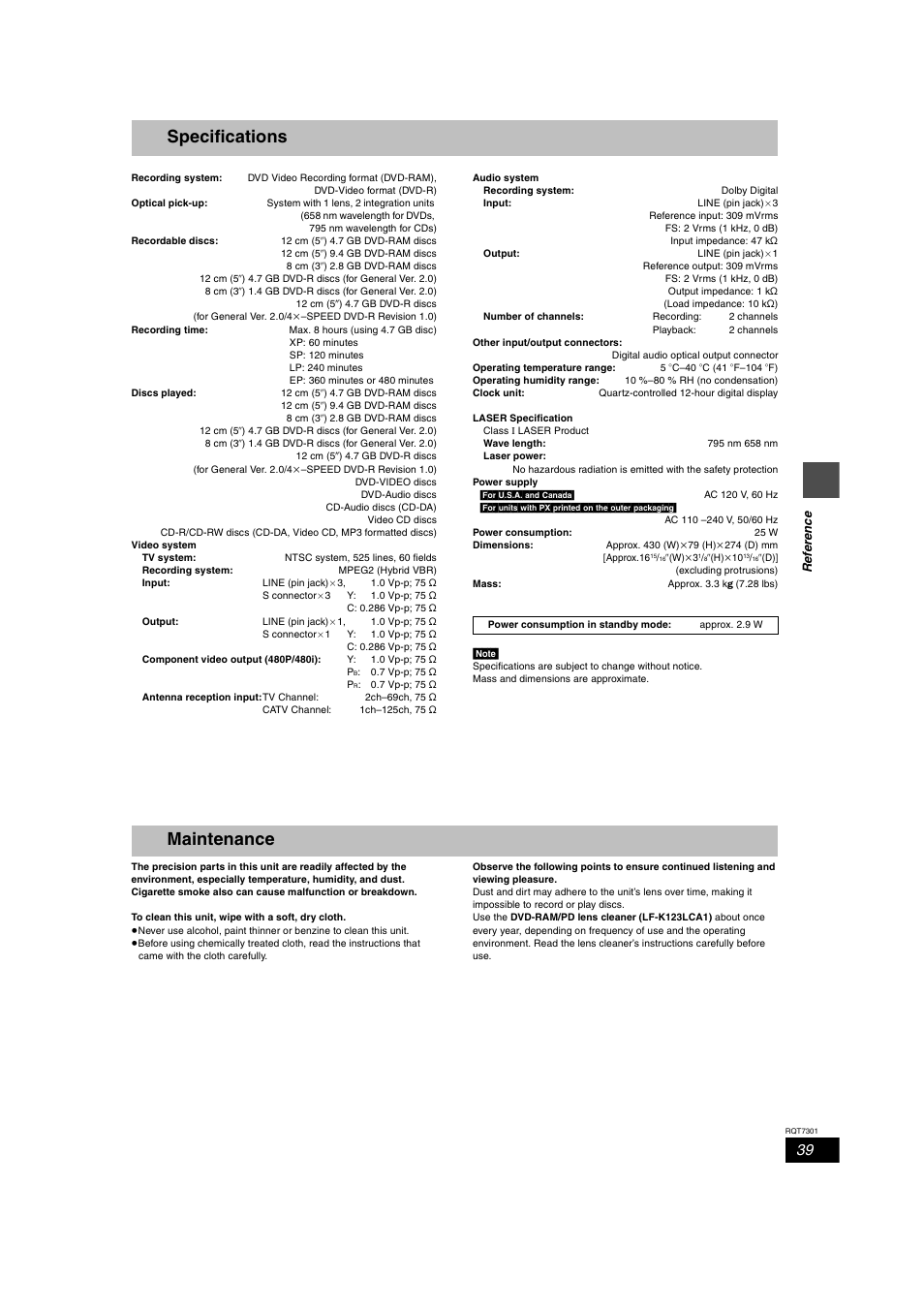 Specs, Specifications, Maintenance | Panasonic DMR-E55 User Manual | Page 39 / 61