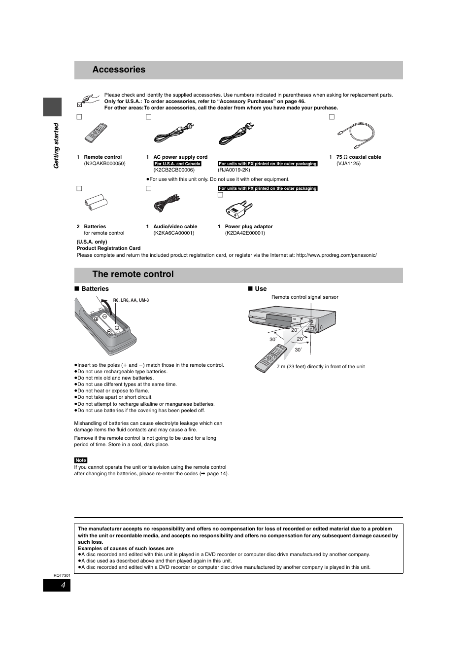 Getting started, Supplied accessories, Batteries for remote | Accessories, The remote control | Panasonic DMR-E55 User Manual | Page 4 / 61