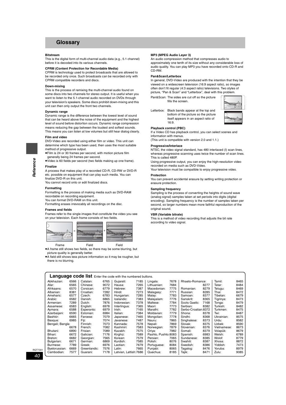 Glossary, Language code list | Panasonic DMR-E55 User Manual | Page 40 / 61