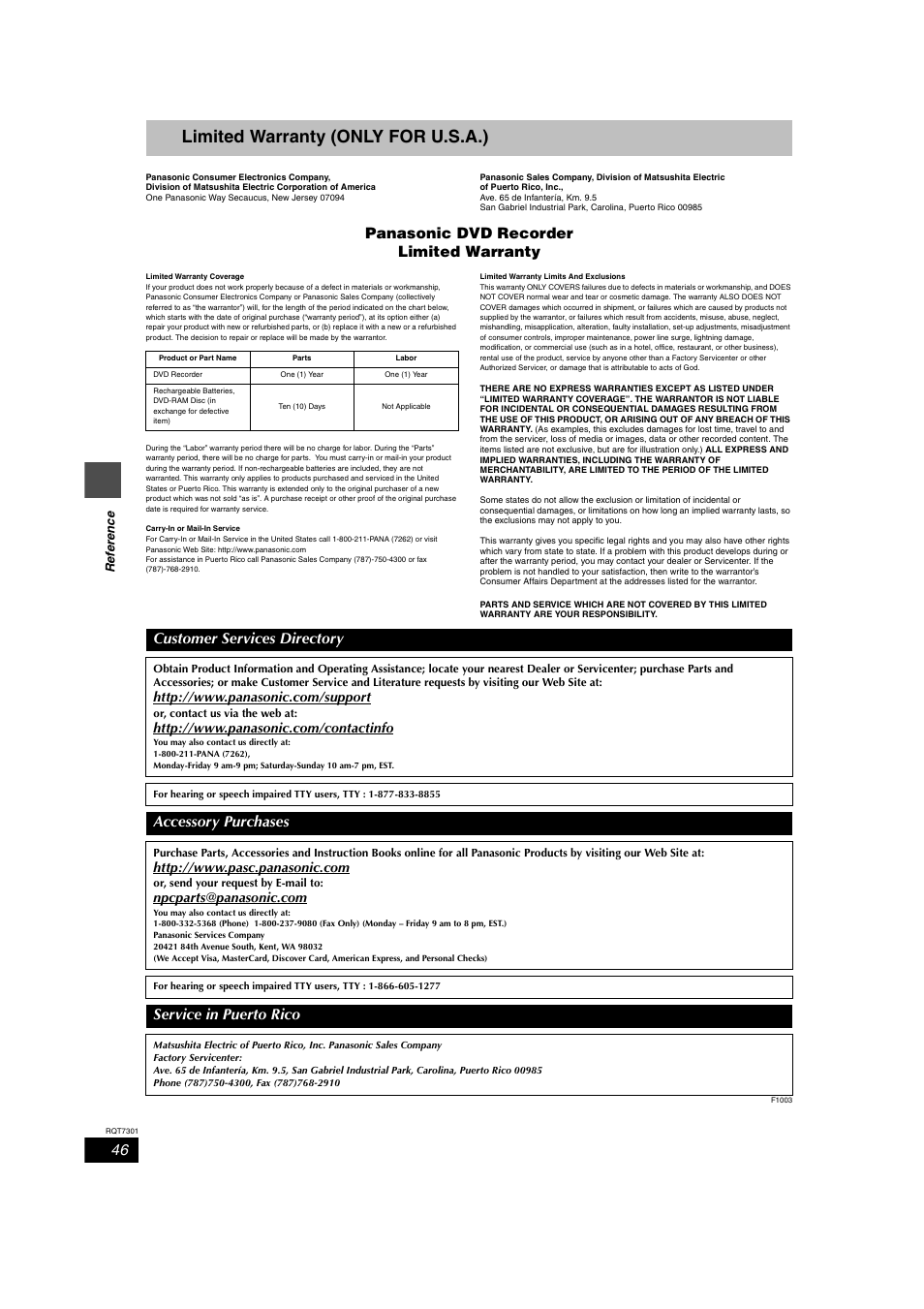 Warranty, Limited warranty (only for u.s.a.), Panasonic dvd recorder limited warranty | Customer services directory, Accessory purchases, Service in puerto rico | Panasonic DMR-E55 User Manual | Page 46 / 61