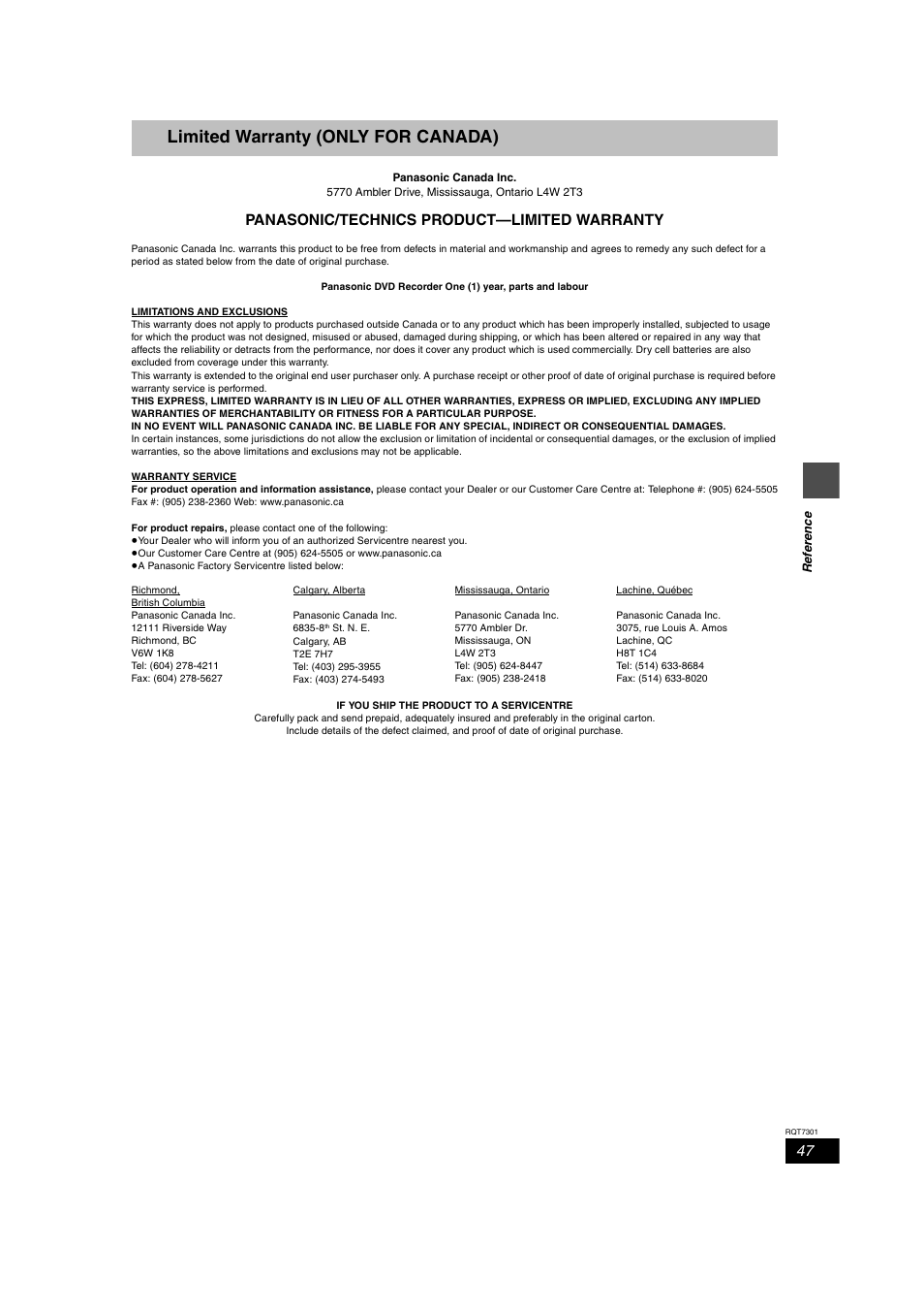 Limited warranty (only for canada), Panasonic/technics product—limited warranty | Panasonic DMR-E55 User Manual | Page 47 / 61