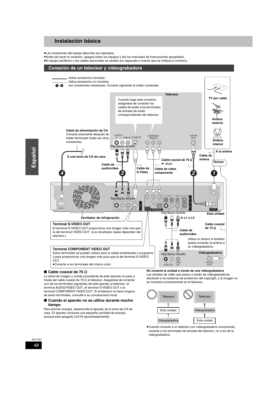 Spanish quick start, Español instalación básica, Conexión de un televisor y videograbadora | W cable coaxial de  75 j | Panasonic DMR-E55 User Manual | Page 48 / 61