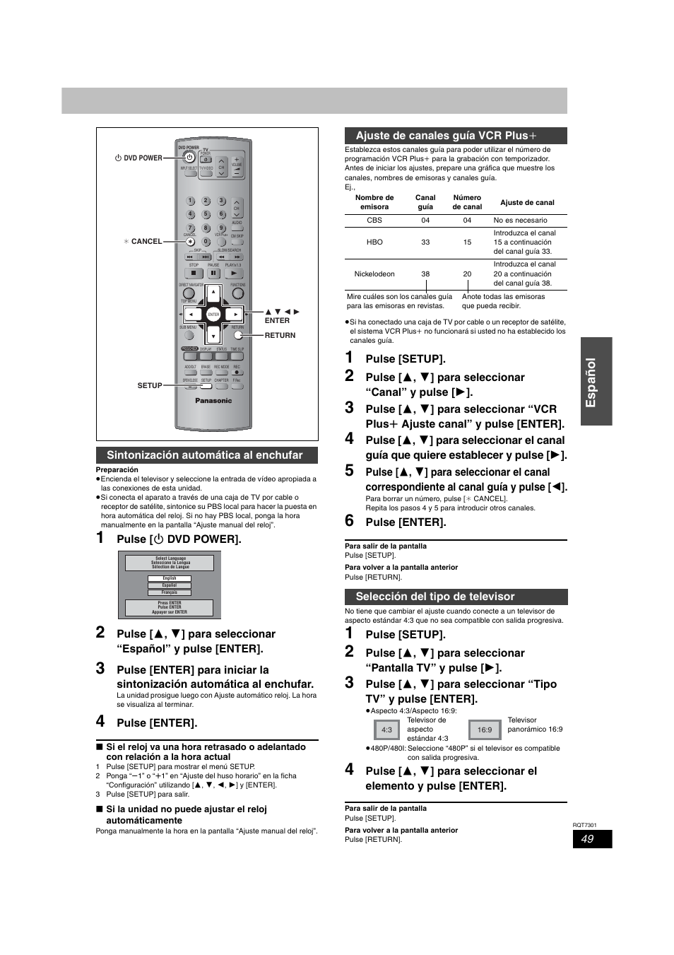 Español, Pulse [ ¦ dvd power, Pulse [enter | Pulse [setup, Pulse [  ,  ] para seleccionar “canal” y pulse, Sintonización automática al enchufar, Ajuste de canales guía vcr plus k, Selección del tipo de televisor | Panasonic DMR-E55 User Manual | Page 49 / 61