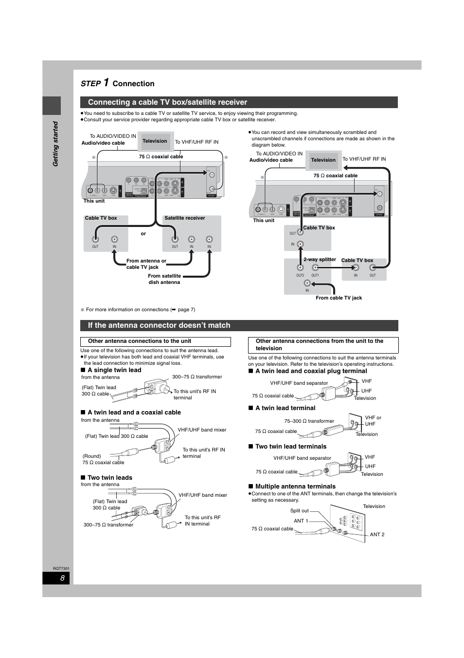 Step, Connection, Connecting a cable tv box/satellite receiver | If the antenna connector doesn’t match, Ge tt in g s ta rte d | Panasonic DMR-E55 User Manual | Page 8 / 61