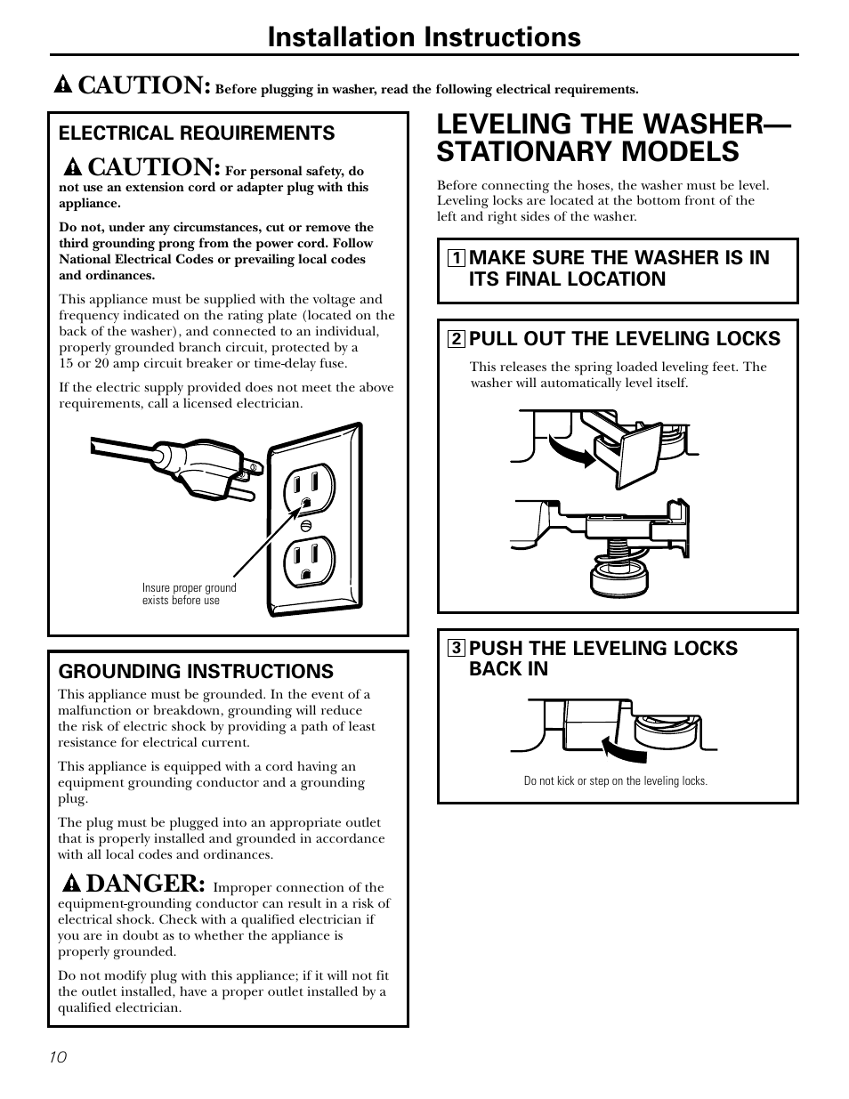 Electrical requirements, Grounding instructions, Leveling the washer | Electrical requirements grounding instructions, Installation instructions, Leveling the washer— stationary models, Caution, Danger | Panasonic WSLS1100 User Manual | Page 10 / 24