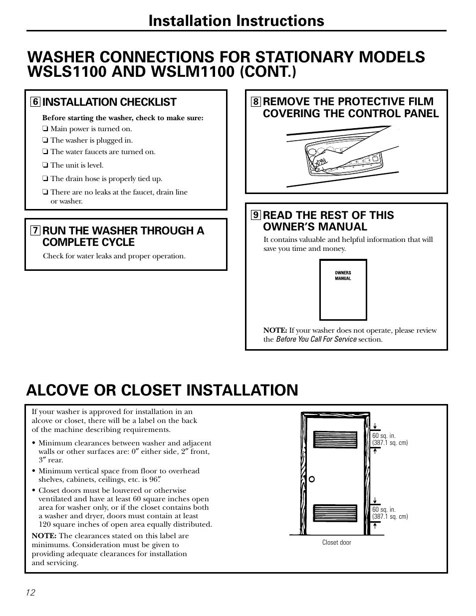 Alcove or closet installation, Run the washer through a complete cycle, Read the rest of this owner’s manual | Installation checklist | Panasonic WSLS1100 User Manual | Page 12 / 24