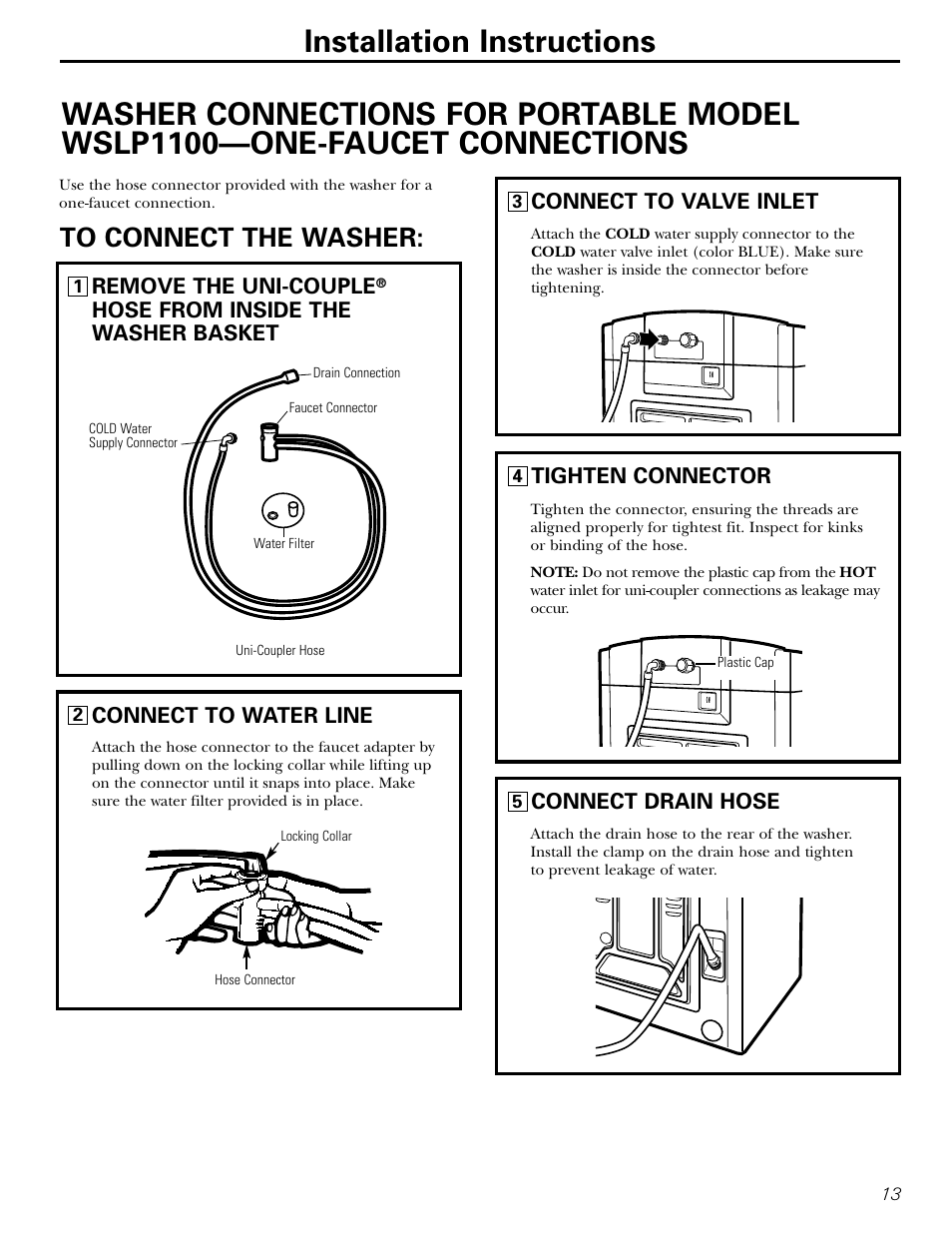 Washer connections for portable model wslp1100, Washer connections for portable model wslp1100 –16 | Panasonic WSLS1100 User Manual | Page 13 / 24