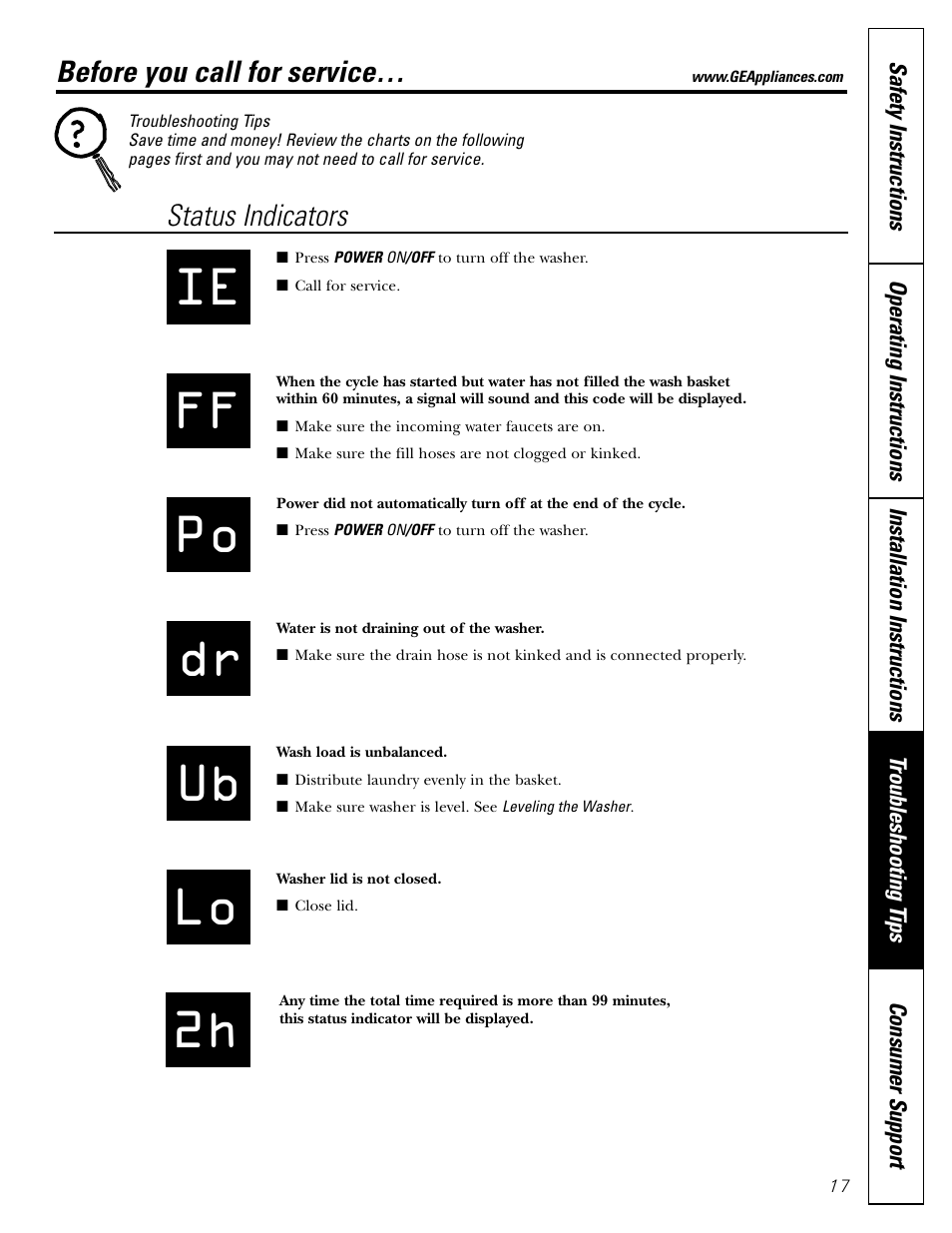 Before you call for service, Status indicators, Before you call for service –20 status indicators | Panasonic WSLS1100 User Manual | Page 17 / 24