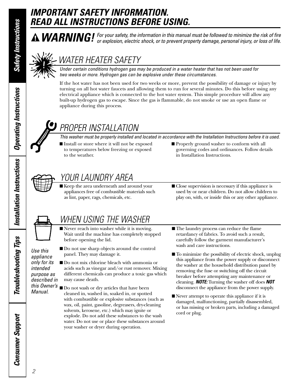 Safety information, Warning, Your laundry area | Water heater safety, Proper installation, When using the washer | Panasonic WSLS1100 User Manual | Page 2 / 24