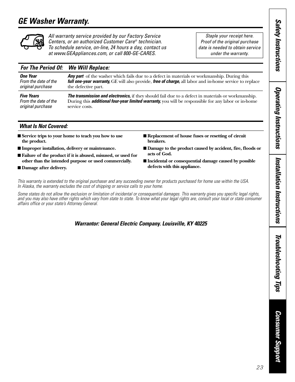 Warranty, Ge washer warranty | Panasonic WSLS1100 User Manual | Page 23 / 24