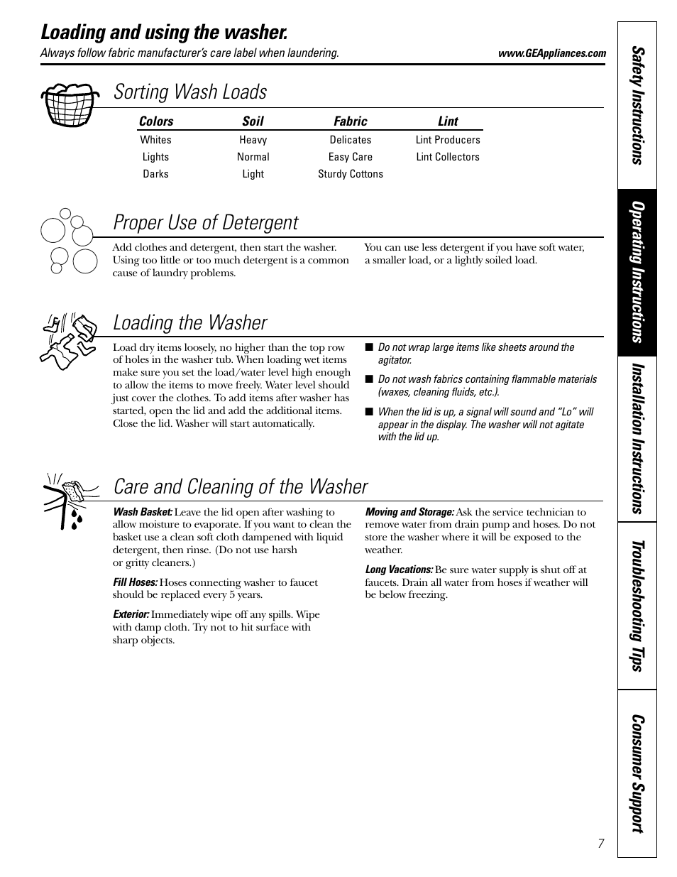 Loading and using the washer, Loading and using the washer , 8, Sorting wash loads proper use of detergent | Loading the washer, Care and cleaning of the washer | Panasonic WSLS1100 User Manual | Page 7 / 24