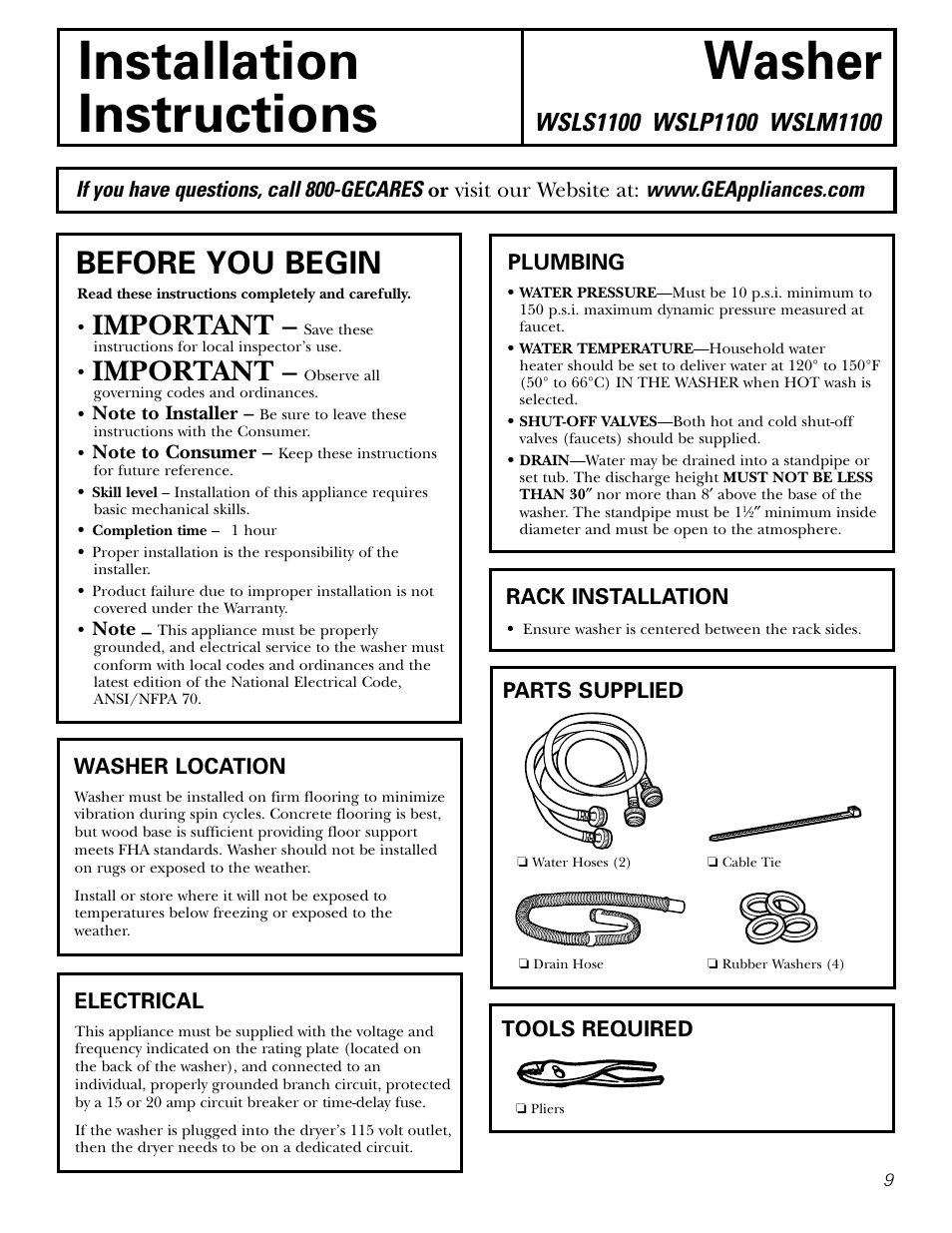 Installation requirements, Installation washer instructions, Before you begin | Important | Panasonic WSLS1100 User Manual | Page 9 / 24