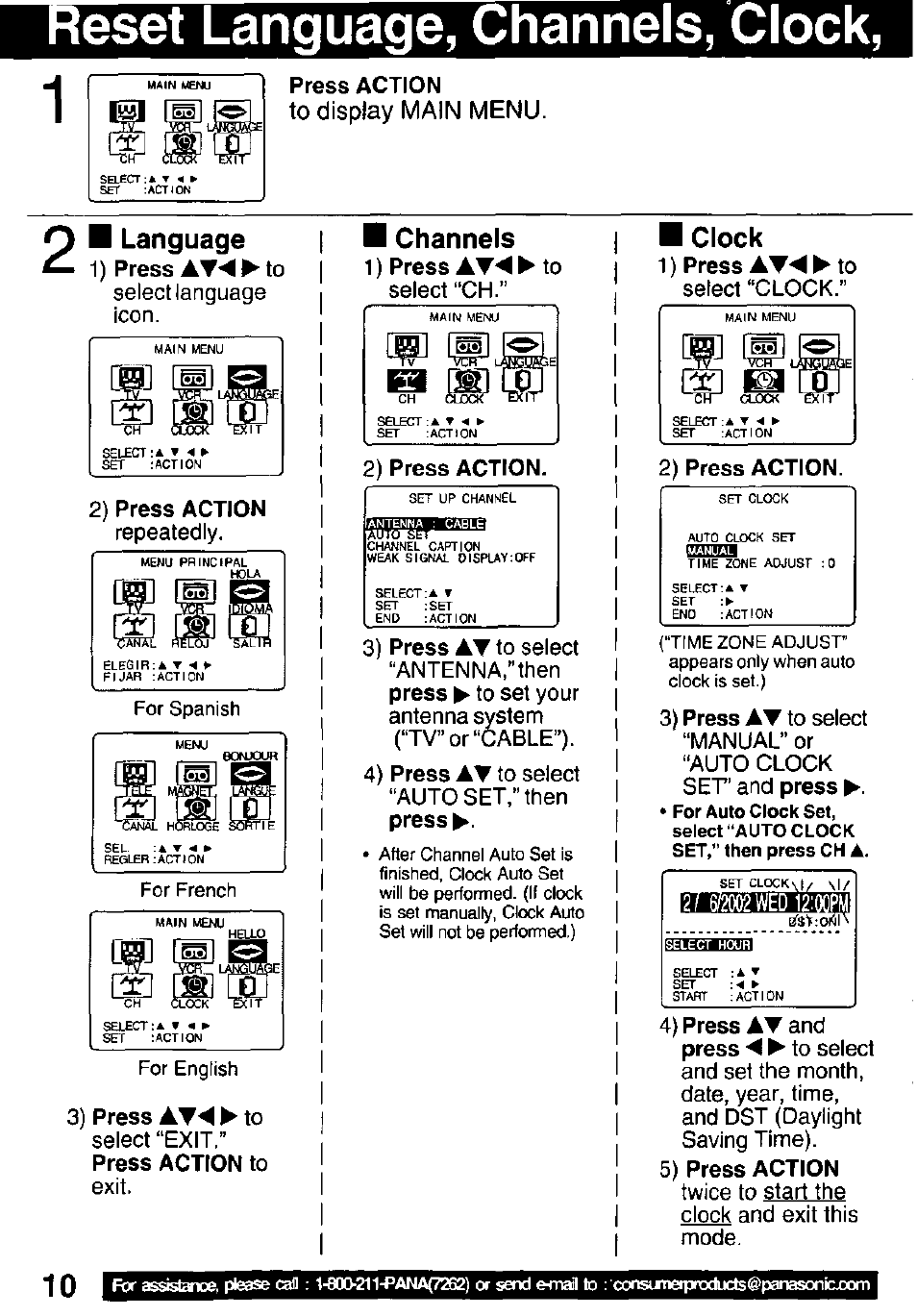 Eset language, channels, clock, Press action, 1) press | 2) press action, 5) press action, I language, M channels, Clock, Press action to display main menu, 1 ) press at^ ► to select “ch.” 2) press action | Panasonic PV C2032W User Manual | Page 10 / 40