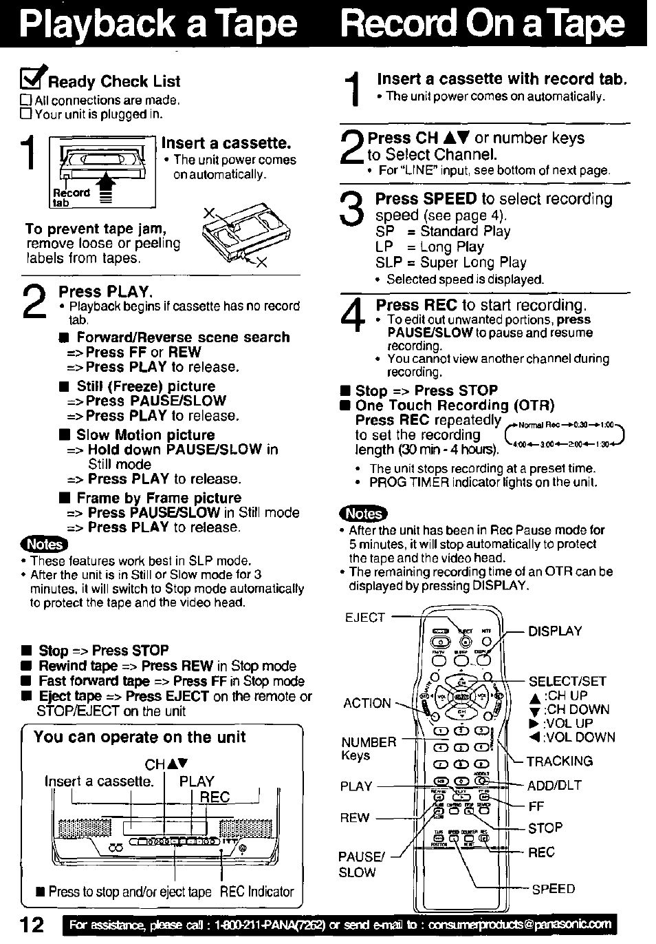Playback a tape record on a tape, Ready, Insert a cassette with record tab | Panasonic PV C2032W User Manual | Page 12 / 40
