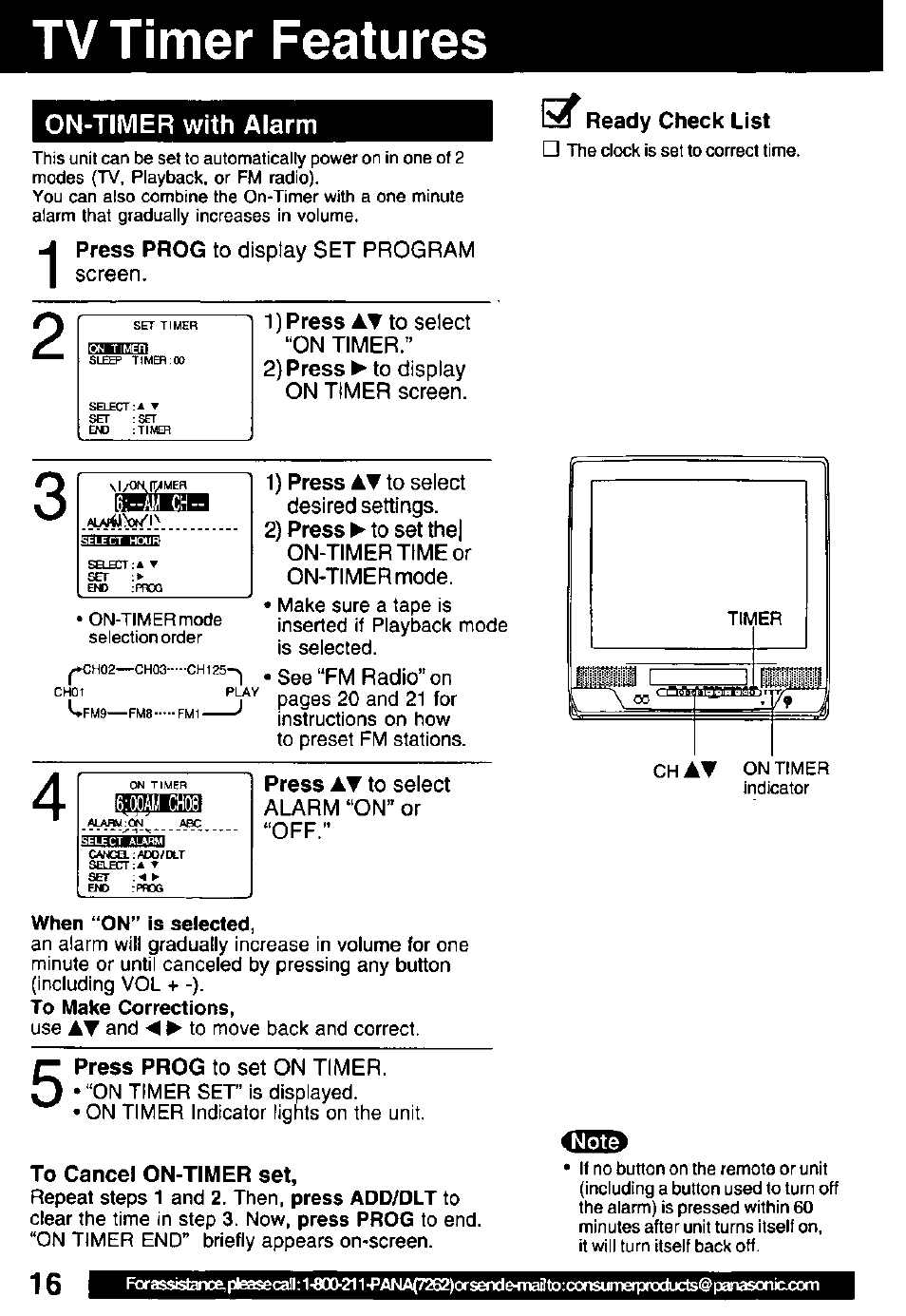 Tv timer features, On-timer with alarm, When “on” is selected | To cancel on-timer set, Ready check list, Tv timer features ,17 | Panasonic PV C2032W User Manual | Page 16 / 40