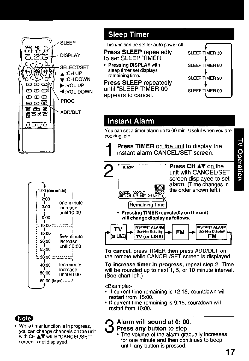 Sleep timer, Instant alarm | Panasonic PV C2032W User Manual | Page 17 / 40
