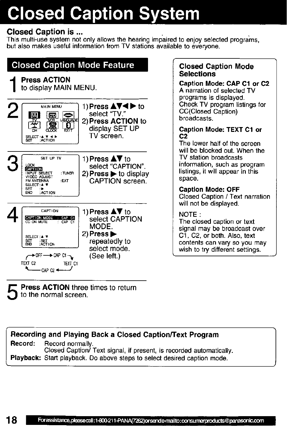 Closed caption system, Closed caption is, Closed caption mode feature | Press action, 1) press, 2) press action to, 1) press at to, 2) press, Closed caption mode selections, Closed caption system ,19 | Panasonic PV C2032W User Manual | Page 18 / 40