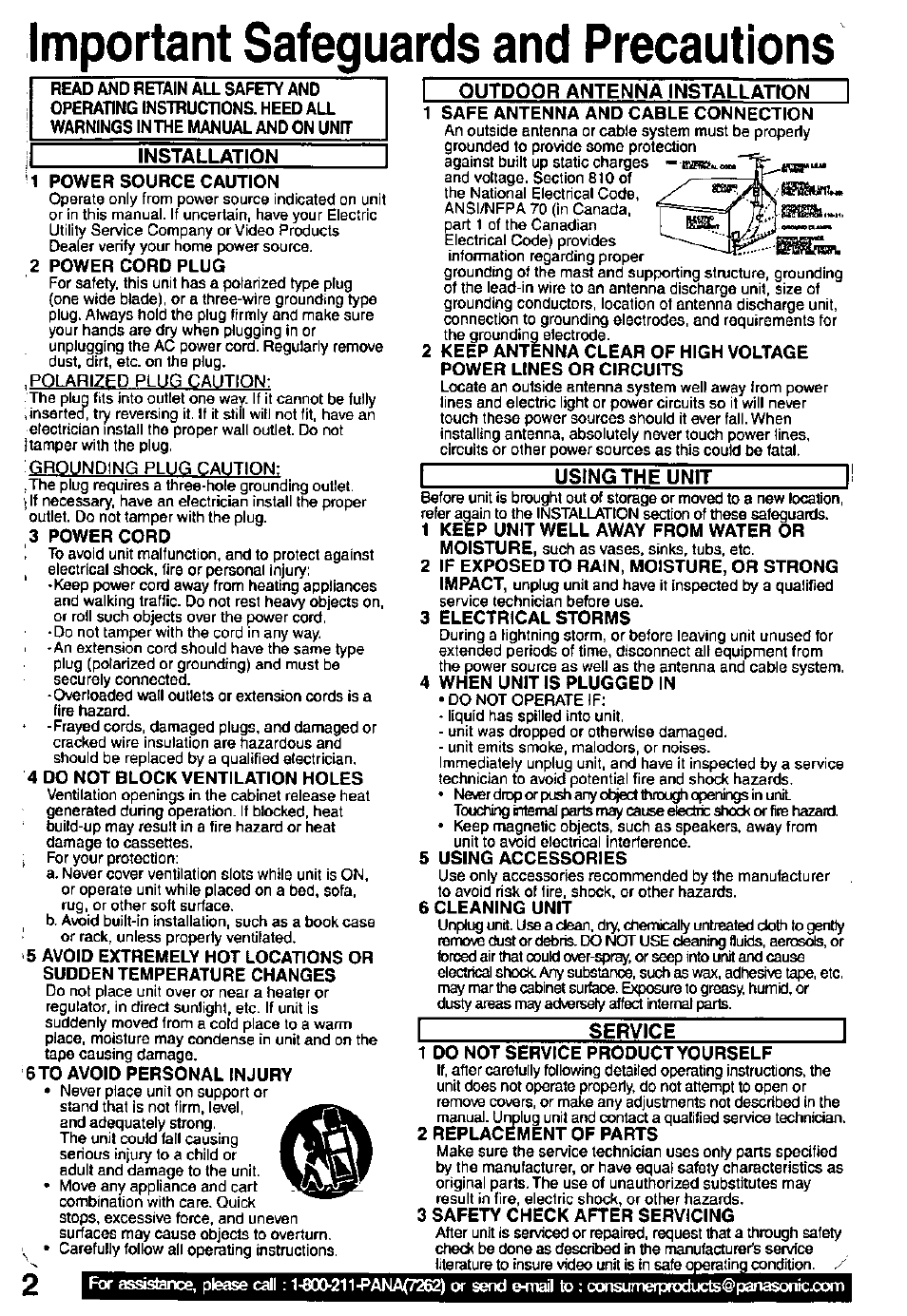 Important safeguards and precautions, Installation, Service | Outdoor antenna installation, Using the unit | Panasonic PV C2032W User Manual | Page 2 / 40