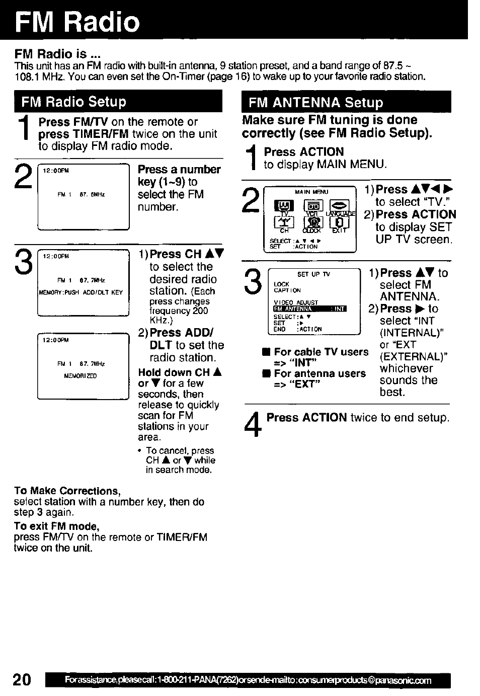 Fm radío, Press a number key (1-9) to, 1) press ch at | 2) press add, 1) press at^k, 2) press action, Fm radio ,21, Fm radio is, Fm radio setup | Panasonic PV C2032W User Manual | Page 20 / 40