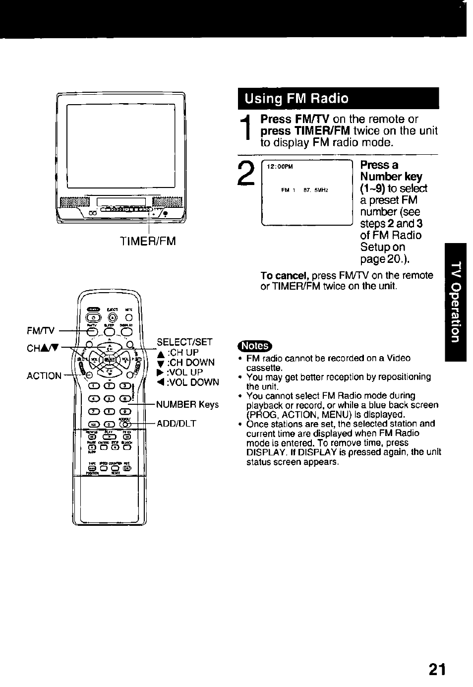 Using fm radio | Panasonic PV C2032W User Manual | Page 21 / 40