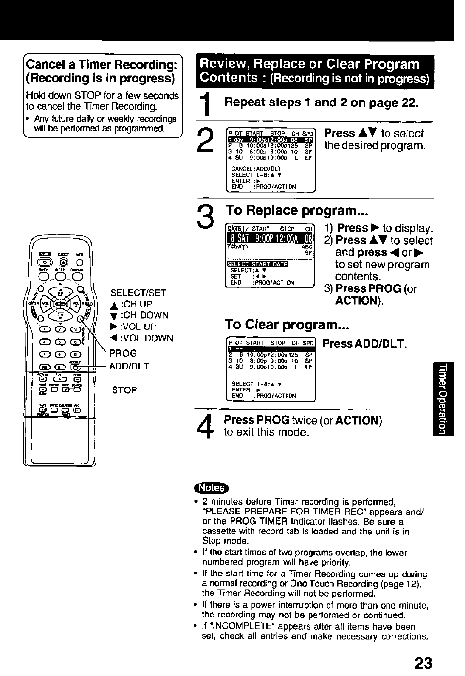 To replace program, 3) press prog {or action), To clear program | Press, 1) press ►to display. 2) press, P dt start stop ch, I pfess add/dlt, Select 1-8:a ▼ enter, Press prog twice (or action) to exit this mode | Panasonic PV C2032W User Manual | Page 23 / 40