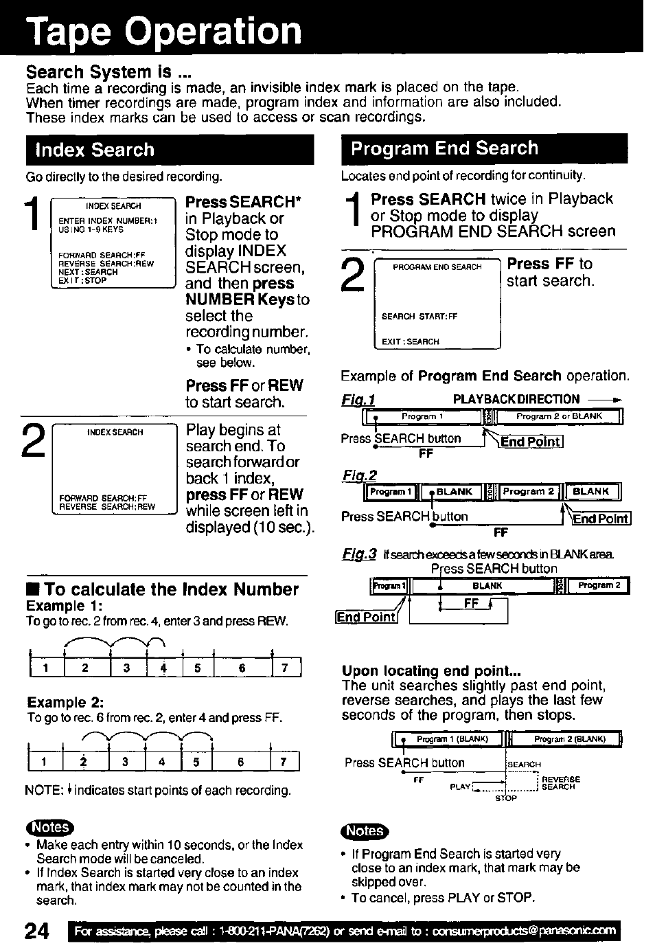 Tape operation, Press search, Press ff or rew | Press ff to, Example 2, Upon locating end point, Tape operation -26, I 2 1 5 6 tt, Search system is, Index search | Panasonic PV C2032W User Manual | Page 24 / 40