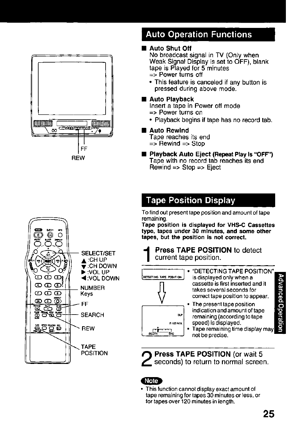 Auto operation functions, Auto shut off, Auto rewind | Tape position display | Panasonic PV C2032W User Manual | Page 25 / 40