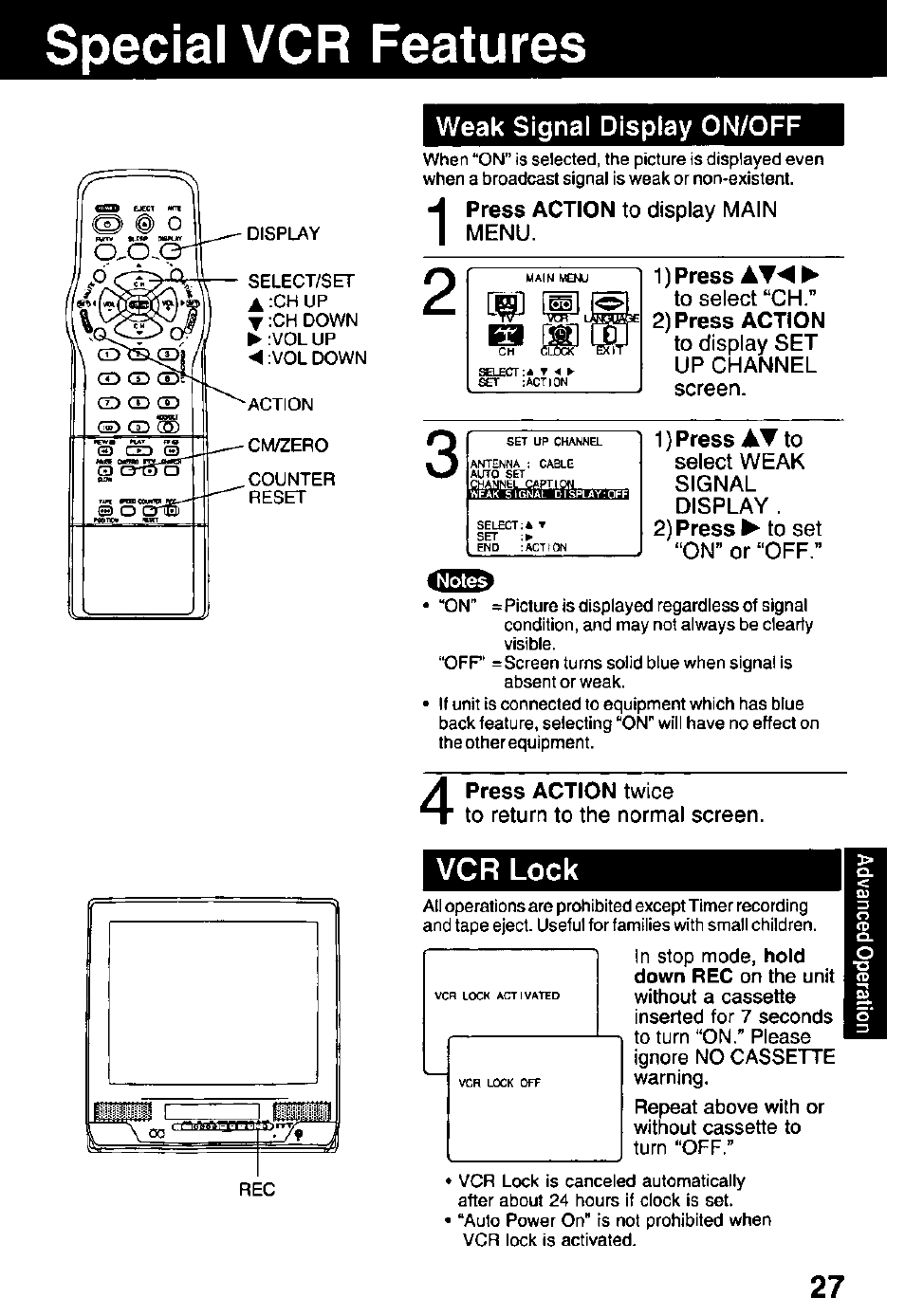 Special vcr features, Weak signal display on/off, 1) press at | 2) press action, Vcr lock, Special vcr features ,28 | Panasonic PV C2032W User Manual | Page 27 / 40