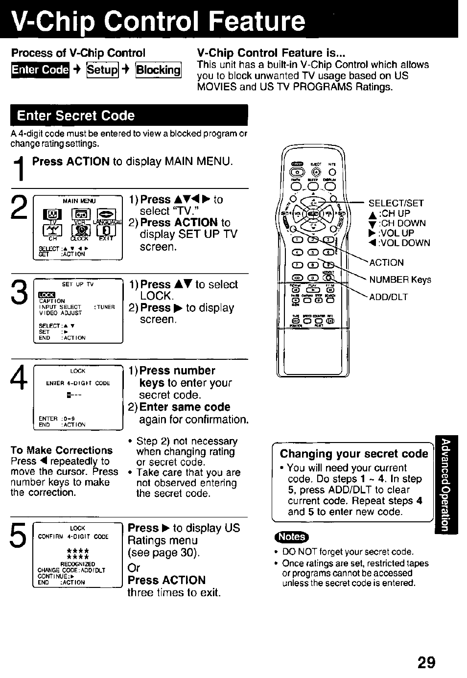 V-chip control feature, Process of v-chip control, Isetupl [blocking | Enter code, V-chip control feature is, Enter secret code, 2) press action to, To make corrections, 2) enter same code, Press action | Panasonic PV C2032W User Manual | Page 29 / 40