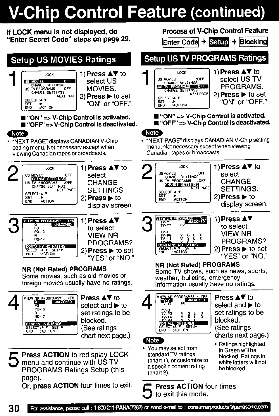 V-chip control feature (continued), Setup us movies ratings, Process of v-chip control feature | Enter codq, Setup, Blocking, Setup us tv programs ratings, 1) press aw to, 1) press at to, 1) press at | Panasonic PV C2032W User Manual | Page 30 / 40