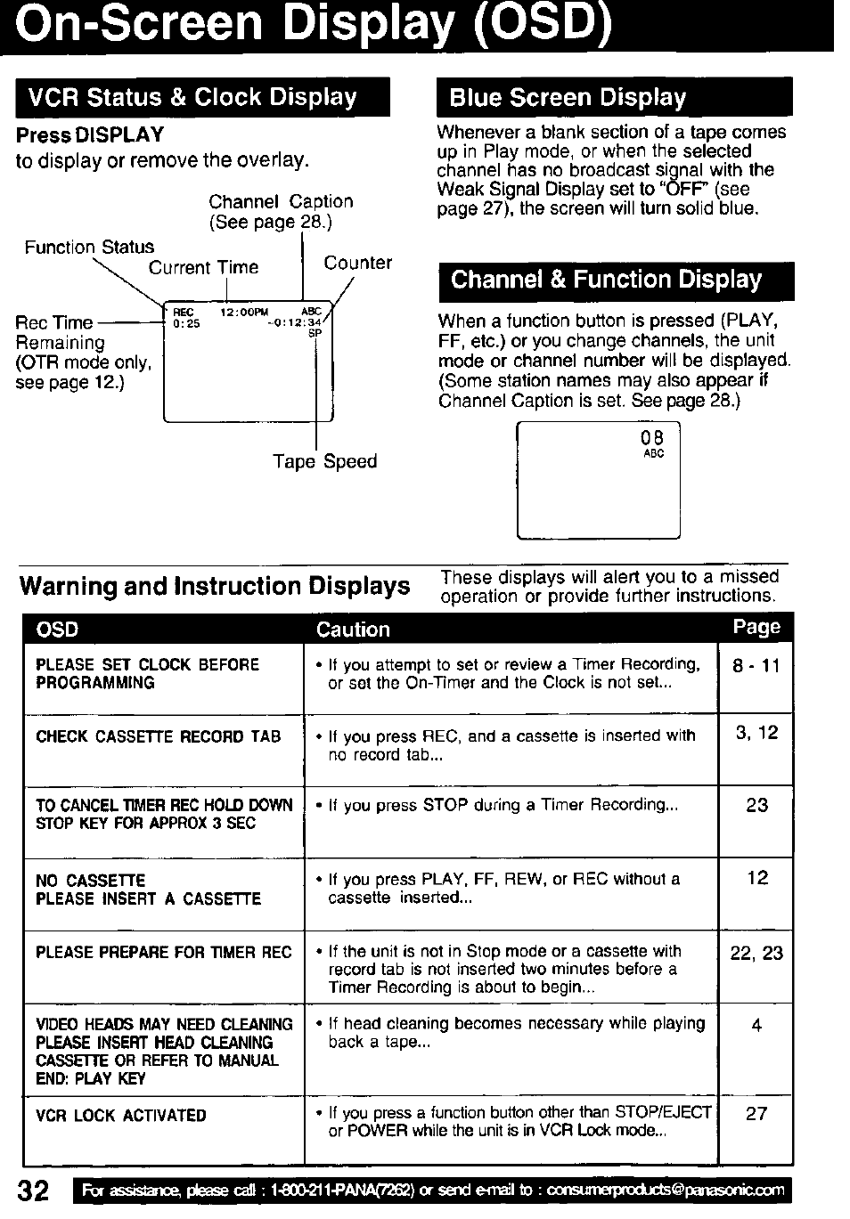 On-screen display (osd), Vcr status & clock display blue screen display, Press display | Channel & function display, Warning and instruction displays | Panasonic PV C2032W User Manual | Page 32 / 40