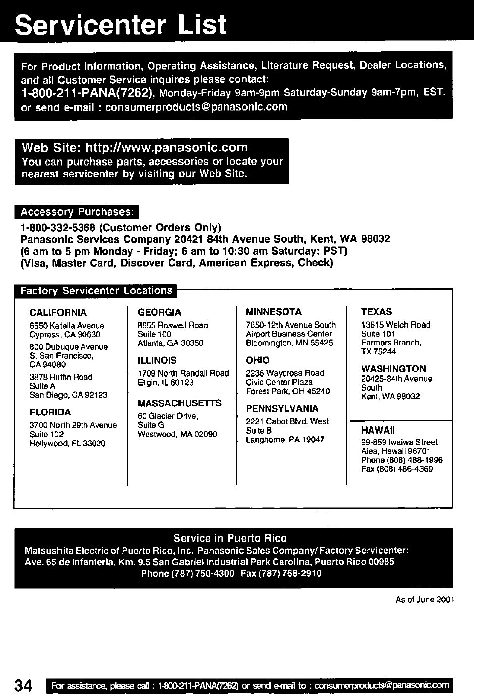 Servicenter list | Panasonic PV C2032W User Manual | Page 34 / 40