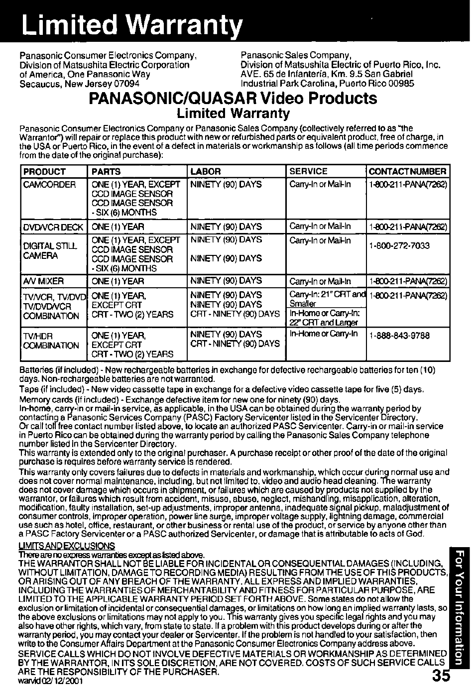Limited warranty, Panasonic/quasar video products limited warranty | Panasonic PV C2032W User Manual | Page 35 / 40