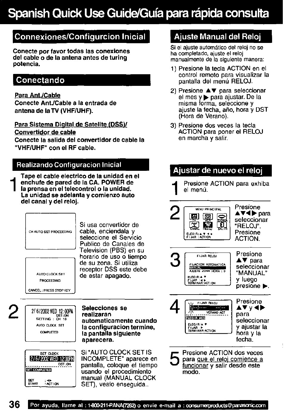 Spanish quick use guide/guia para rápida consulta, Connexiones/configurcion inicial, Conectando | Para antvcable, Ajuste manual del reloj, Realizando configuración inicial, Ajustar de nuevo el reloj | Panasonic PV C2032W User Manual | Page 36 / 40