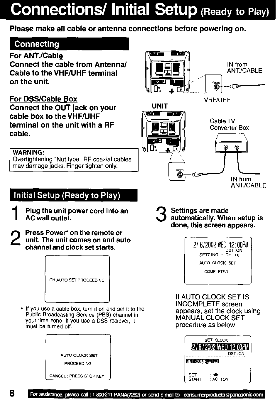 Connections/ initial setup (ready to play), Plug the unit power cord into an ac wali outlet, Connections / initiai setup (ready to play) ,9 | Connections/ initial setup, Initial setup (ready to play) | Panasonic PV C2032W User Manual | Page 8 / 40