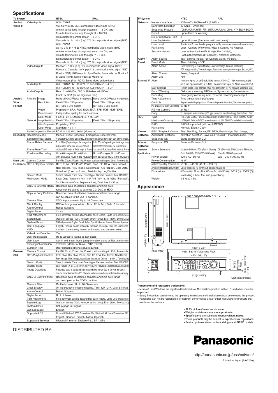 Distributed by: specifications, Appearance | Panasonic WJ-HD316A User Manual | Page 2 / 2