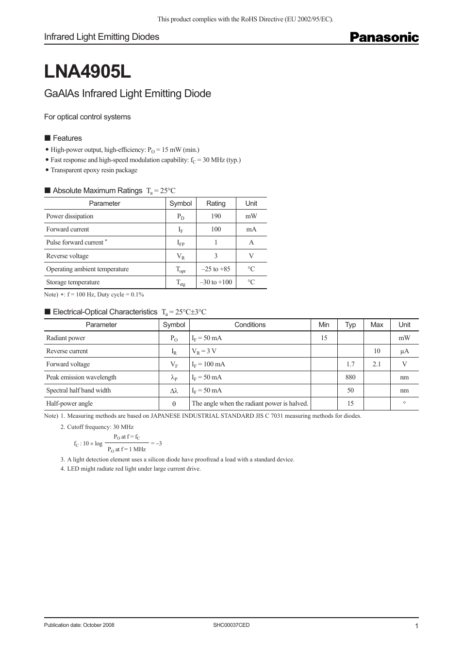 Panasonic LNA4905L User Manual | 3 pages