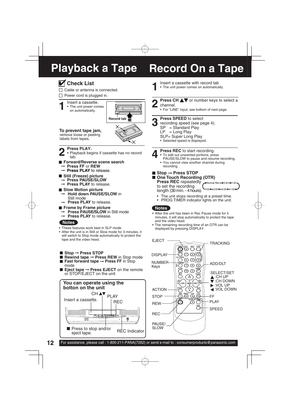 Playback a tape, Record on a tape, Record on a tape playback a tape 1 | Panasonic VV-1303 User Manual | Page 12 / 36
