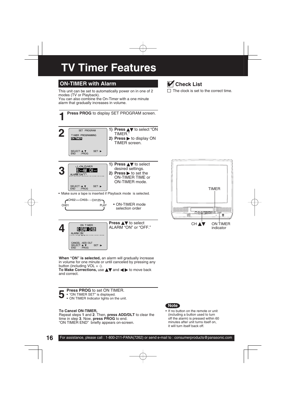 Tv timer features, On-timer with alarm | Panasonic VV-1303 User Manual | Page 16 / 36