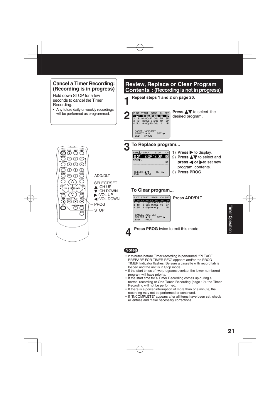 Review, replace or clear program contents, Recording is not in progress) | Panasonic VV-1303 User Manual | Page 21 / 36