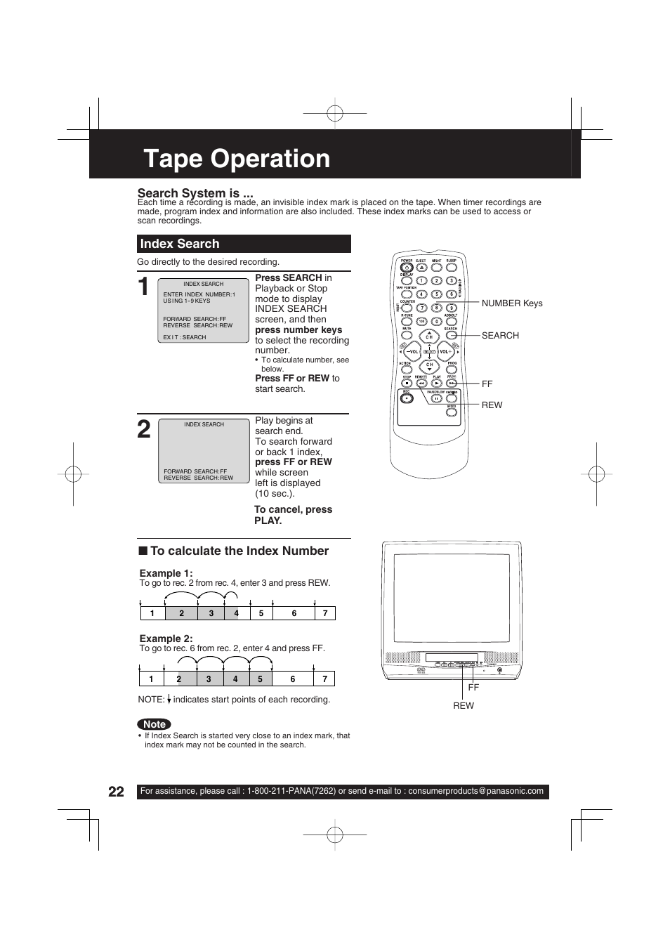 Advanced operation, Tape operation, Index search | Search system is | Panasonic VV-1303 User Manual | Page 22 / 36