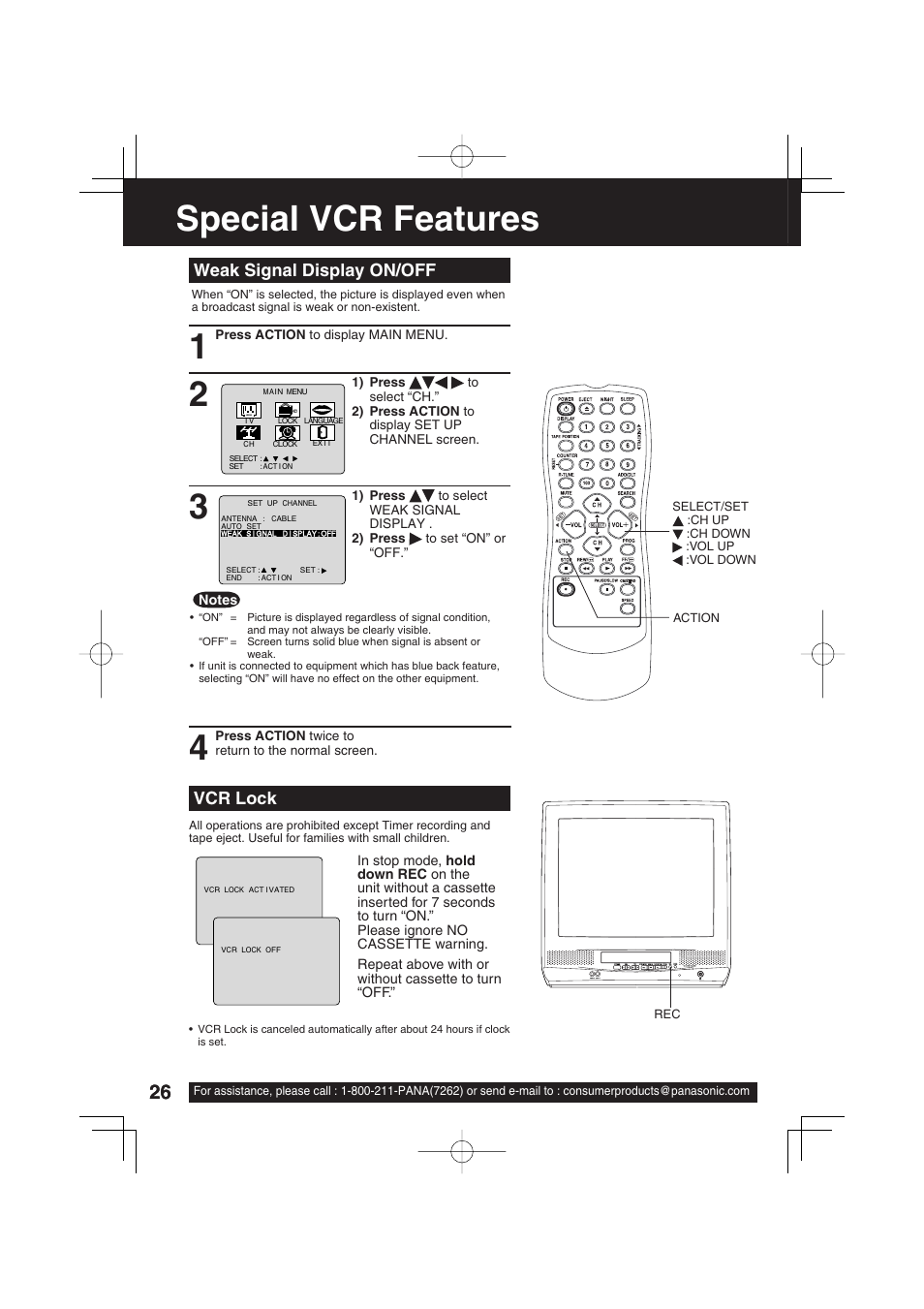 Special vcr features, Weak signal display on/off, Vcr lock | Panasonic VV-1303 User Manual | Page 26 / 36