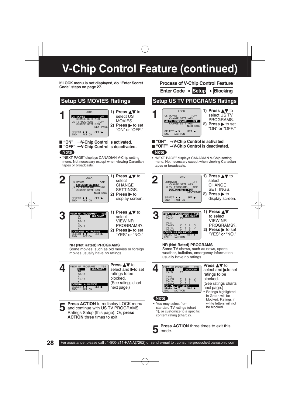 V-chip control feature (continued), Setup us movies ratings, Setup us tv programs ratings | Panasonic VV-1303 User Manual | Page 28 / 36
