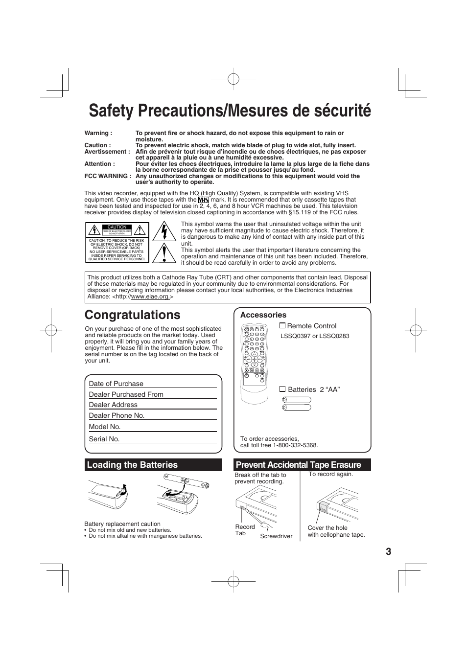 Safety precautions/mesures de securite, Safety precautions/mesures de sécurité | Panasonic VV-1303 User Manual | Page 3 / 36