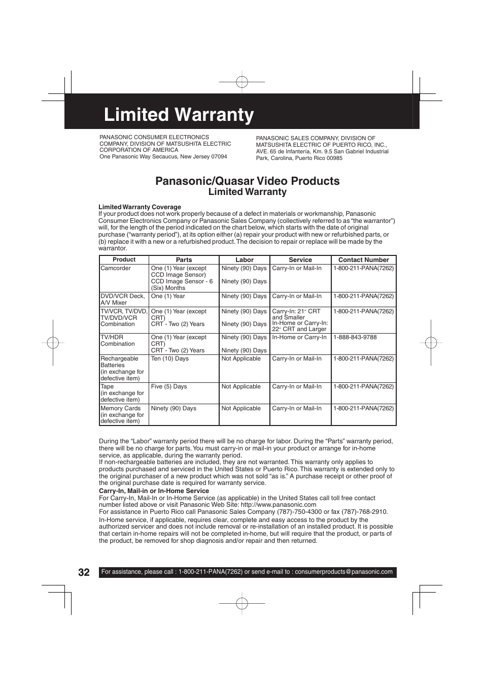 Limited warranty, Panasonic/quasar video products | Panasonic VV-1303 User Manual | Page 32 / 36